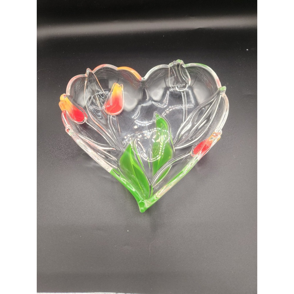 Walther Glas Heart Shaped Glass Plate Dish Tulips Flowers Germany candy‎ dish